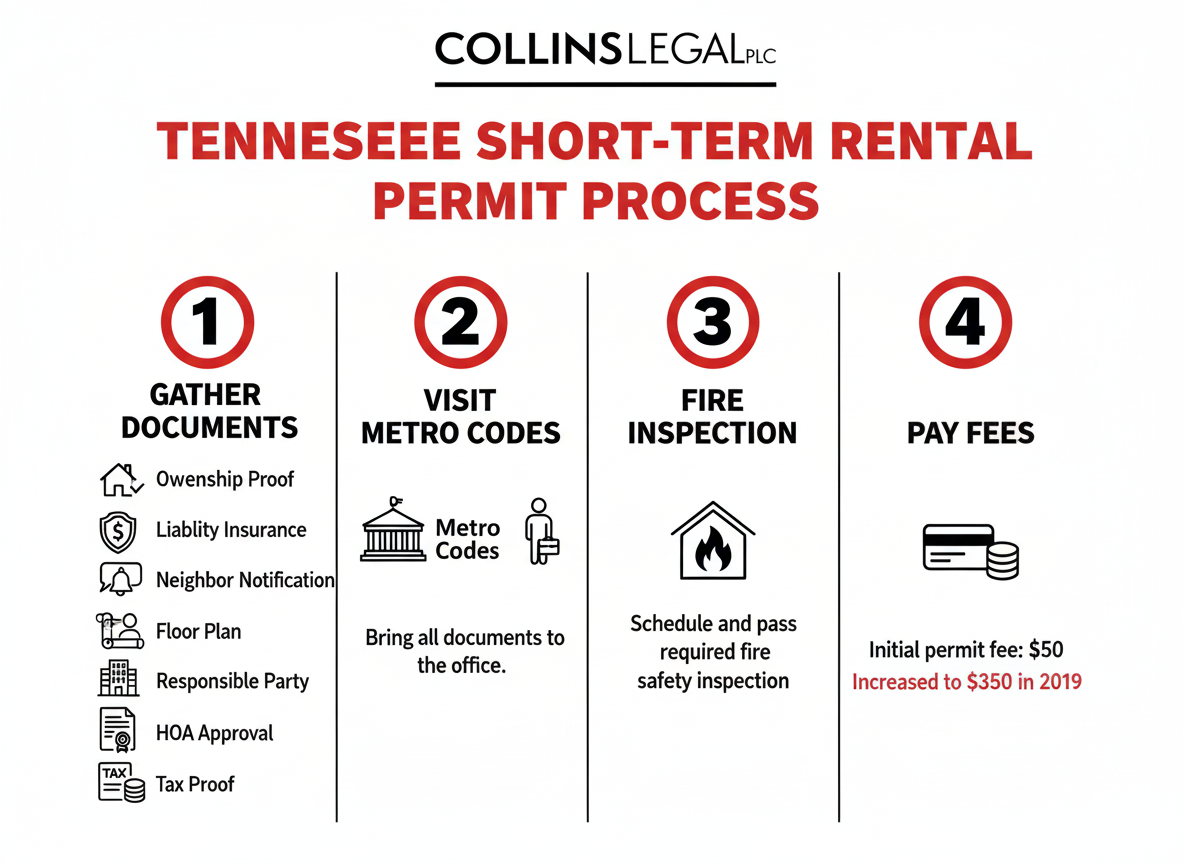 Infographic showing four steps to legally obtain a short-term rental permit in Tennessee, with icons and the Collins Legal logo.