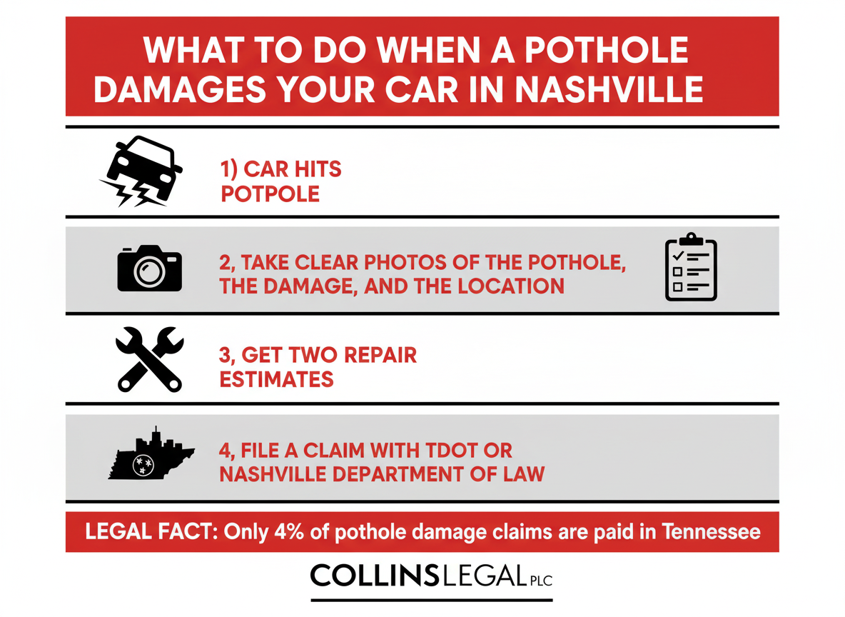 Infographic showing four steps to take after pothole damage in Nashville: take photos of the pothole and car damage, get two repair estimates, file a claim with TDOT or Nashville Department of Law, and a legal fact that only 4% of claims are paid. Collins Legal logo at the bottom.